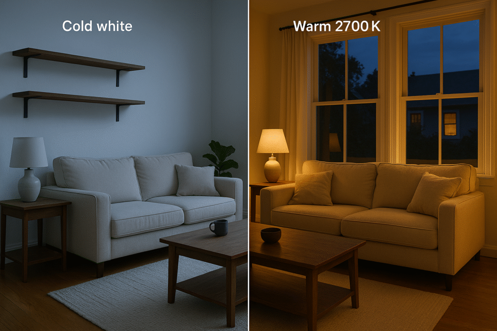 Side-by-side comparison: cold white vs warm 2700K LED lighting in same cozy living room at dusk