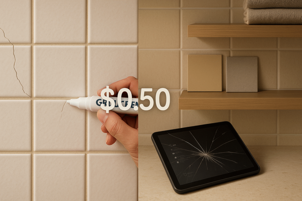 Grout pen renewing tile next to discount bin samples and smashed smart mirror - Peasant budget bathroom luxury hacks