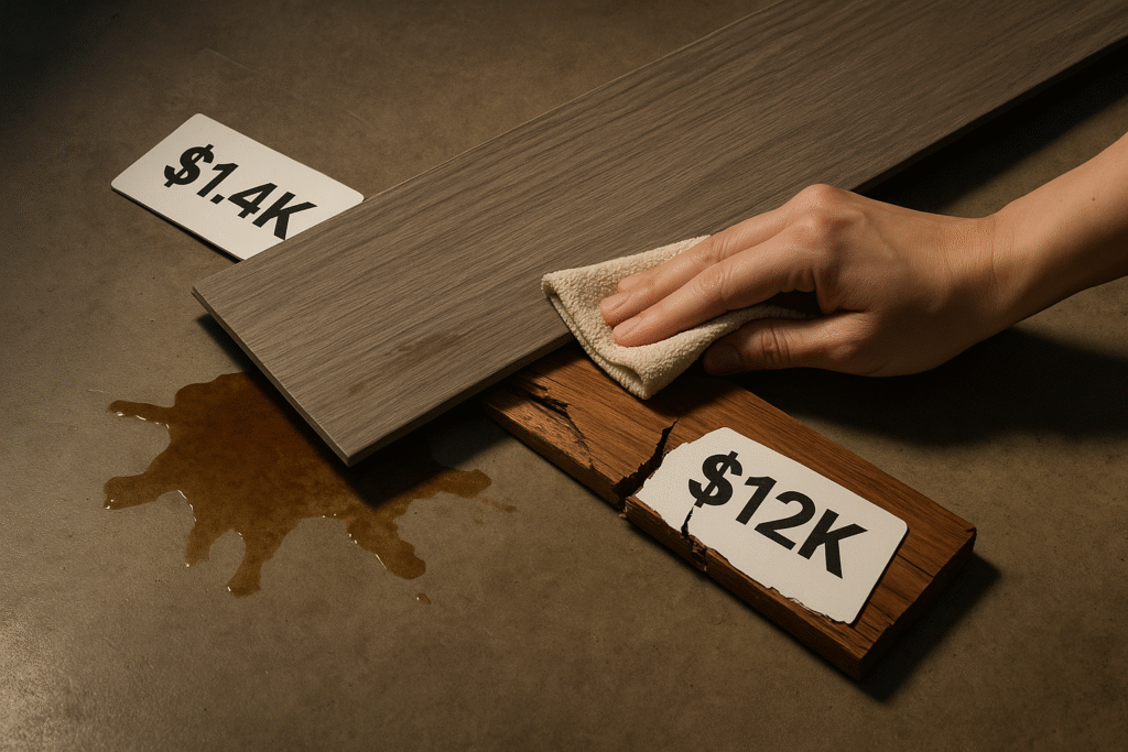 Luxury vinyl plank sample crushing hardwood with $1.4K vs $12K price tags - Why LVP flooring dominates 2025