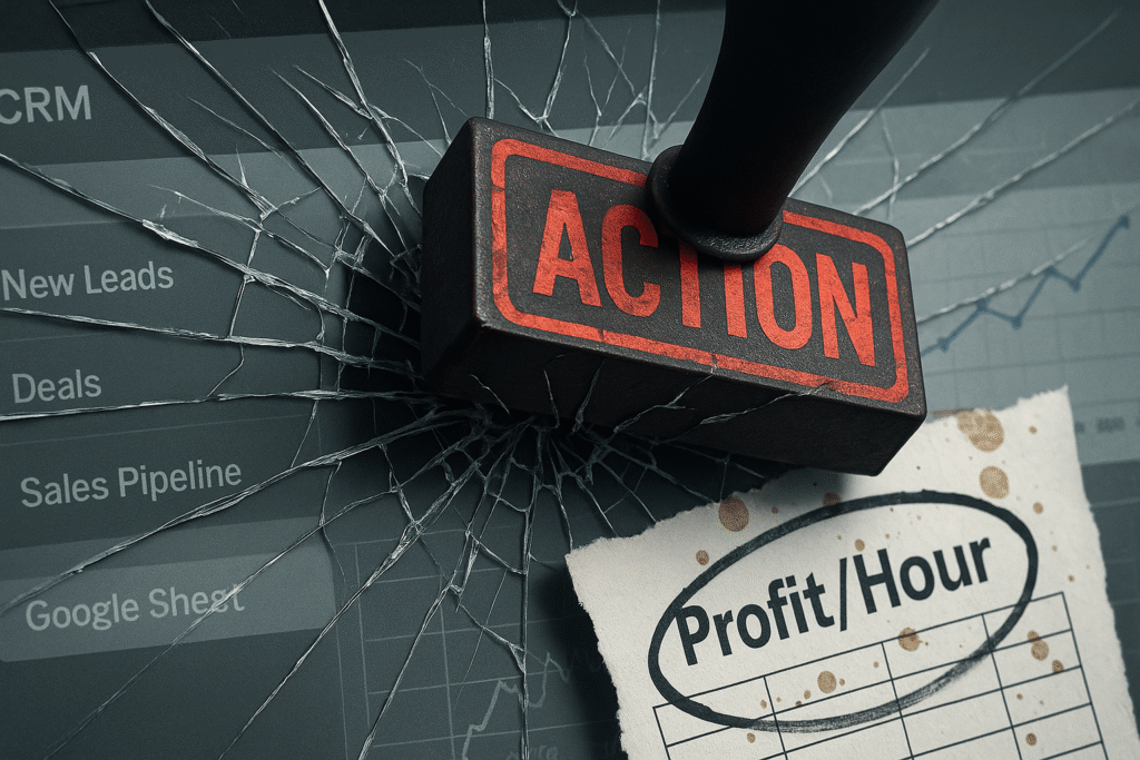 Red ACTION stamp smashing CRM dashboard glass, torn Profit/Hour Google Sheet with coffee stains