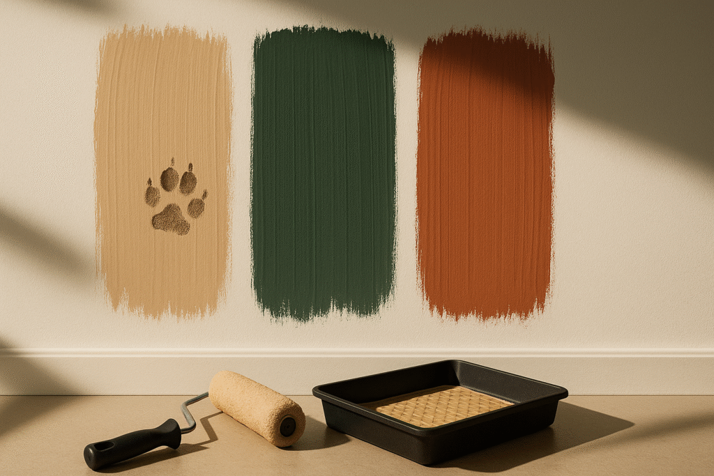 Three brushstrokes: warm beige, moody green, terracotta on wall with dog paw print - Only paint colors that matter in 2025