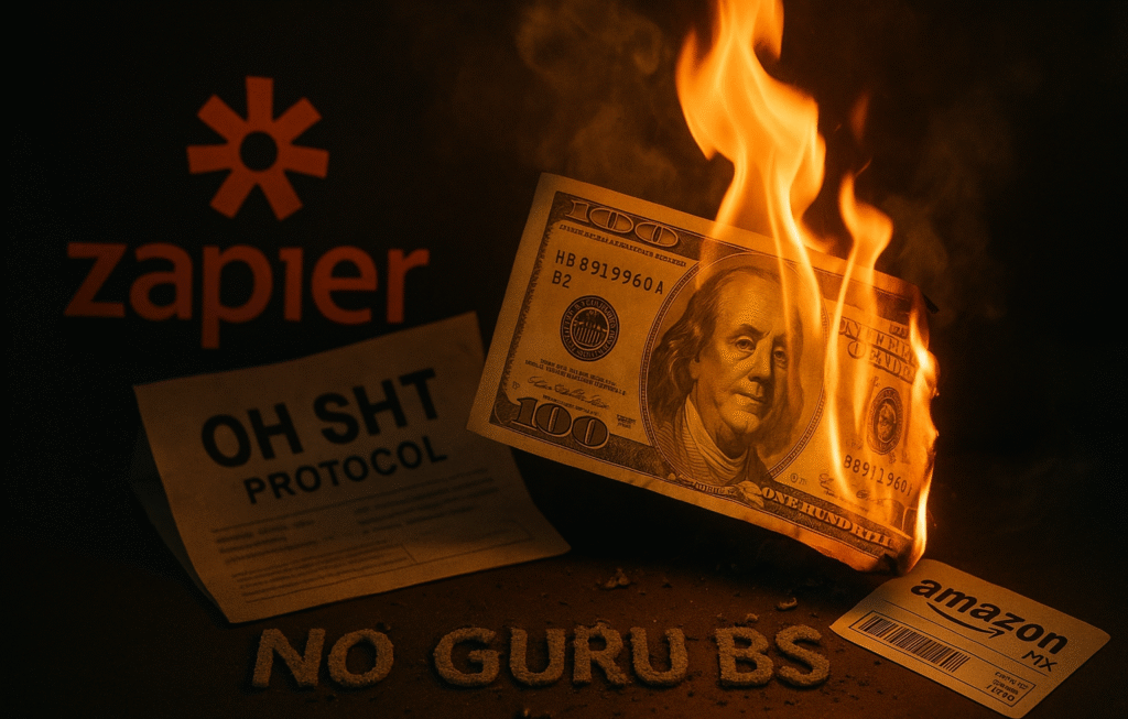Burning $100 bill with Zapier logo, OH SH*T protocol doc, Amazon MX label. Ashes form NO GURU BS