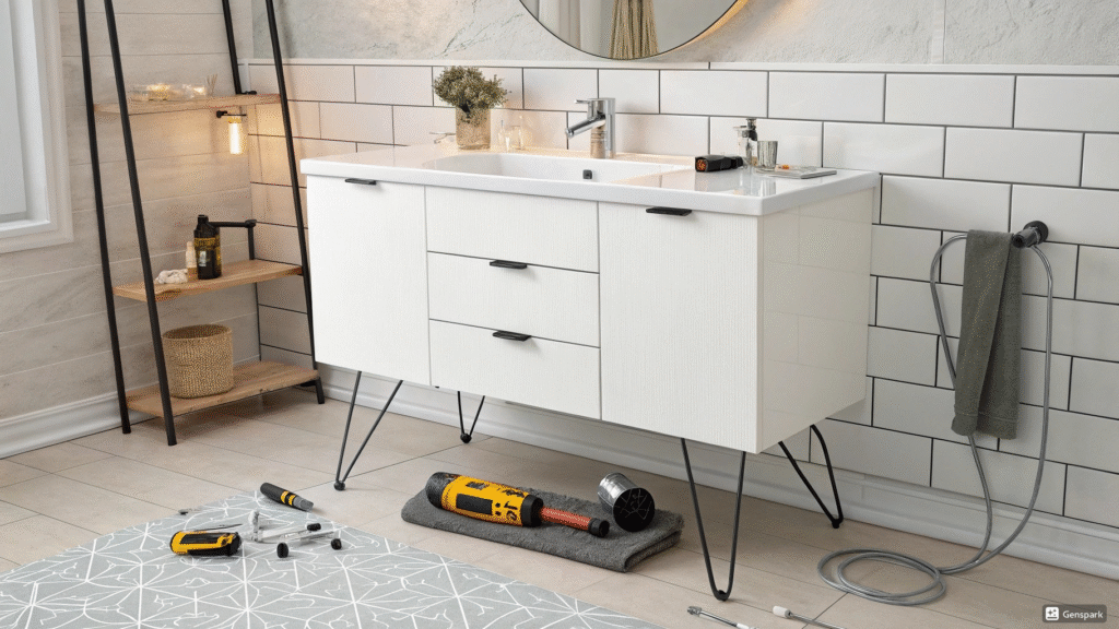 Renter-friendly bathroom hacks - floating vanity and grout renewal