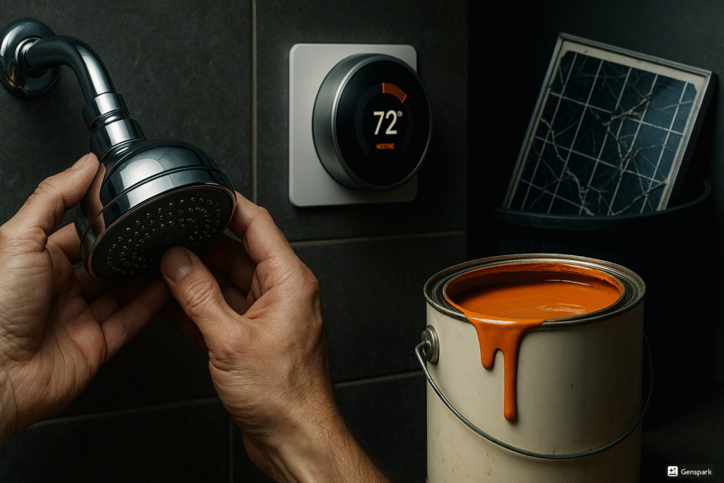 Hands installing low-flow showerhead next to smart thermostat with broken solar panel in trash - Real eco-friendly home upgrades that save cash