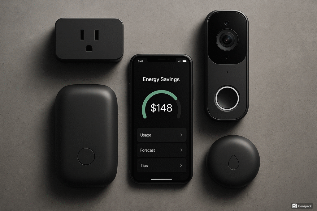 Overhead view of smart plug, video doorbell, and leak sensor on concrete - Affordable home automation that actually works in 2025