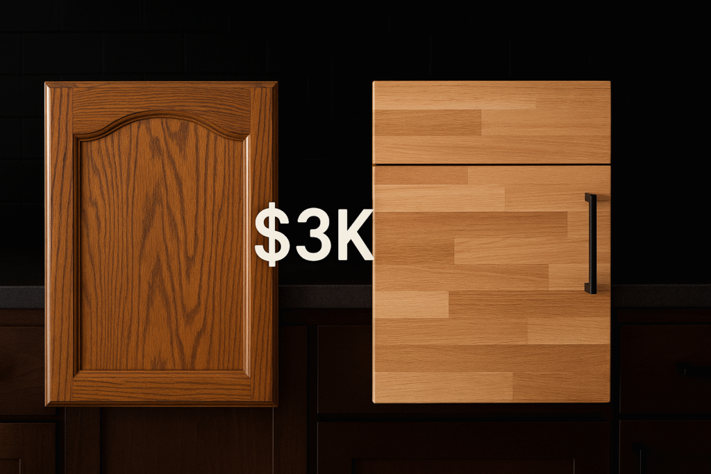 Before/after cabinet refacing with modern pulls vs. dated oak - $3K kitchen renovation ideas with high ROI