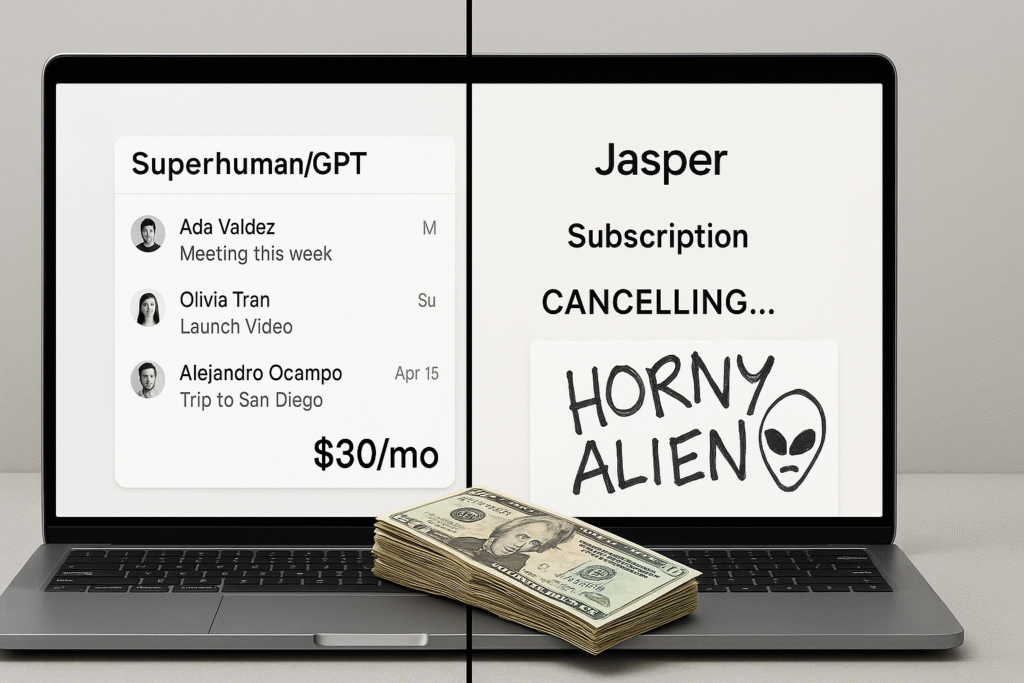 Split-screen: Superhuman/GPT laptop ($30/mo) vs cancelled Jasper invoice labeled HORNY ALIEN with cash pile