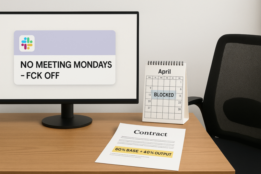 Slack NO MEETING MONDAYS alert, calendar with blocked Wed/Thurs, 60% base + 40% output contract, empty chair