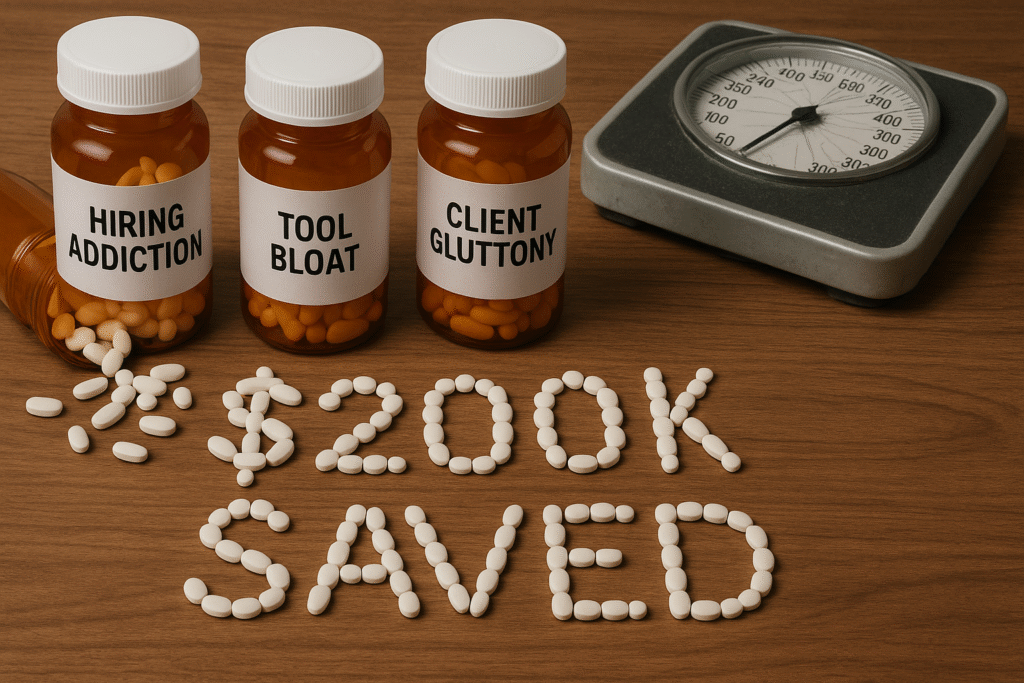 Pill bottles: Hiring Addiction, Tool Bloat, Client Gluttony. Spilled pills form $200K SAVED. Broken scale