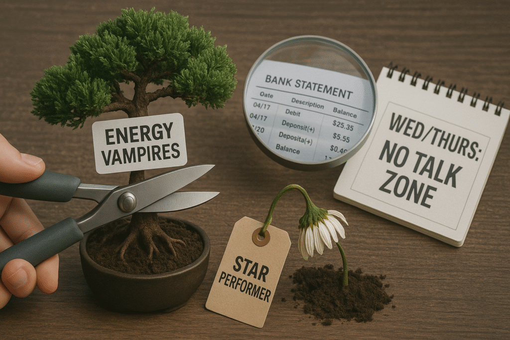 Shears pruning Energy Vampires bonsai, transparent bank statement, NO TALK ZONE calendar, wilted Star Performer tag