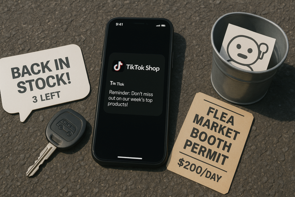 Phone showing TikTok Shop + BACK IN STOCK SMS, flea market permit ($200/day), van keys, chatbot in trash