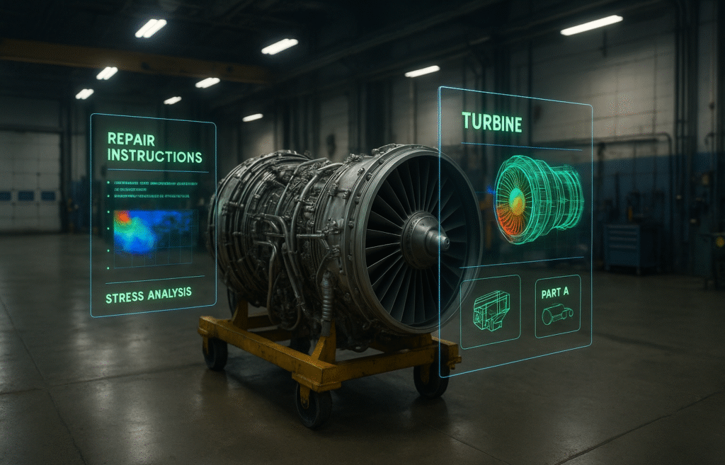 Spatial computing AR overlay guiding industrial equipment maintenance