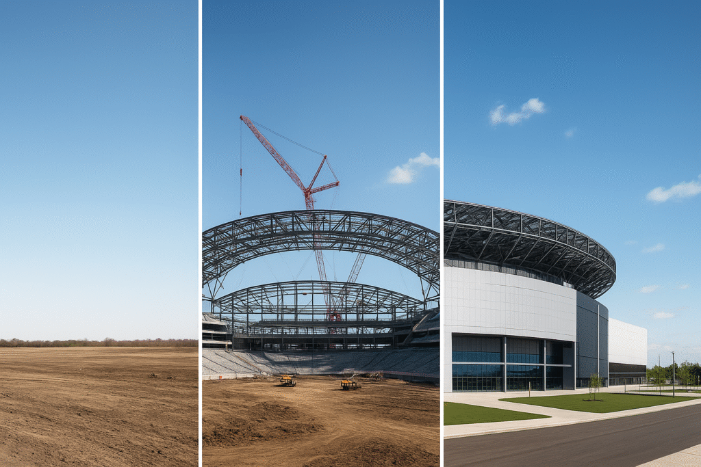 Buffalo Bills new stadium construction timeline from groundbreaking to near completion