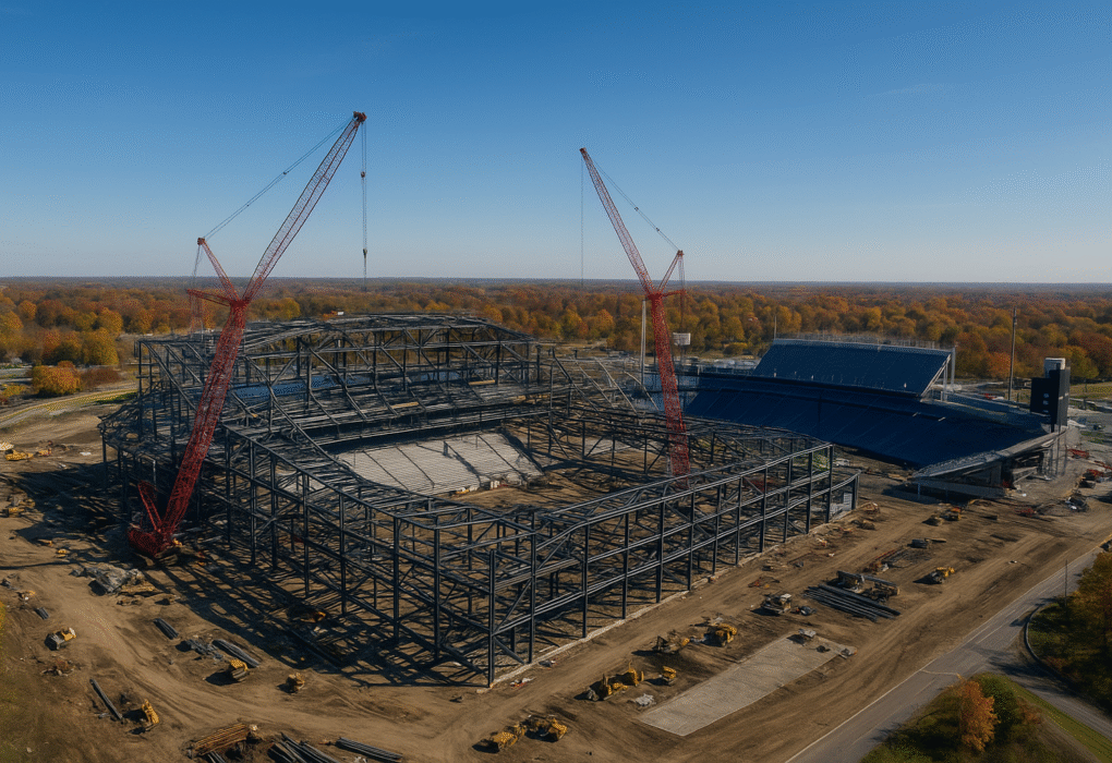 Aerial view of the new Buffalo Bills stadium under construction next to the old Highmark Stadium