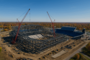 Aerial view of the new Buffalo Bills stadium under construction next to the old Highmark Stadium